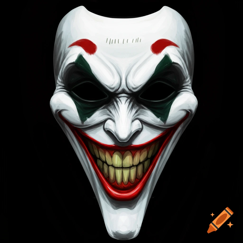 A stylized white mask with a large red smile, black and green eye makeup, resembling the Joker, against a black background.