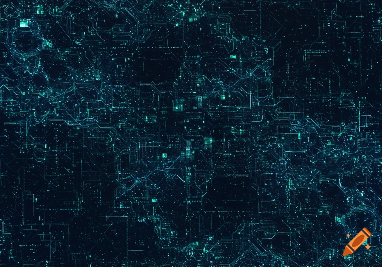 An intricate abstract pattern of glowing teal lines and dots on a dark background, resembling a complex circuit board or digital network.