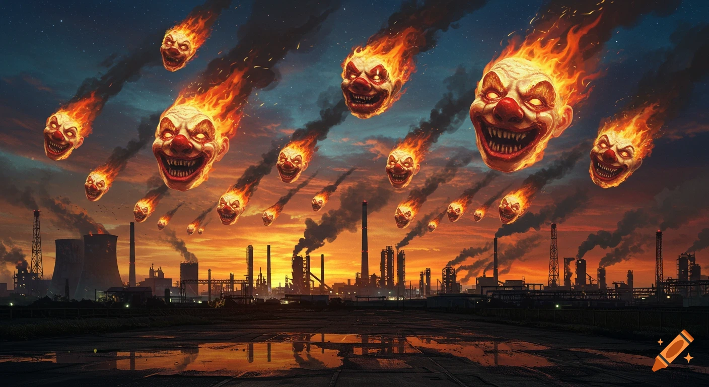 Flaming clown heads fall from the sky over an industrial complex at sunset.