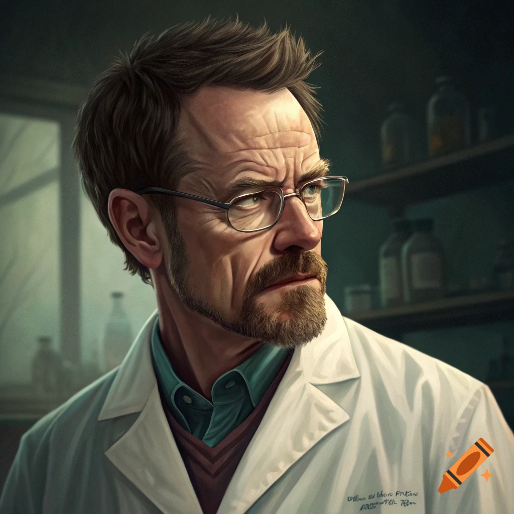 Detailed portrait of a man resembling Walter White with glasses and a beard in a lab coat, looking intently.