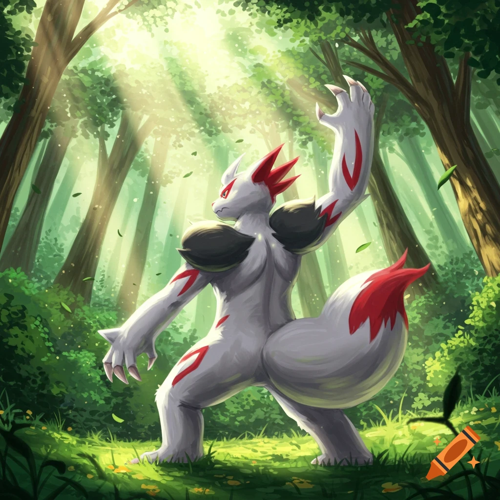 A white, furry Zangoose-like creature stands with arms raised in a brightly lit forest with sunbeams.