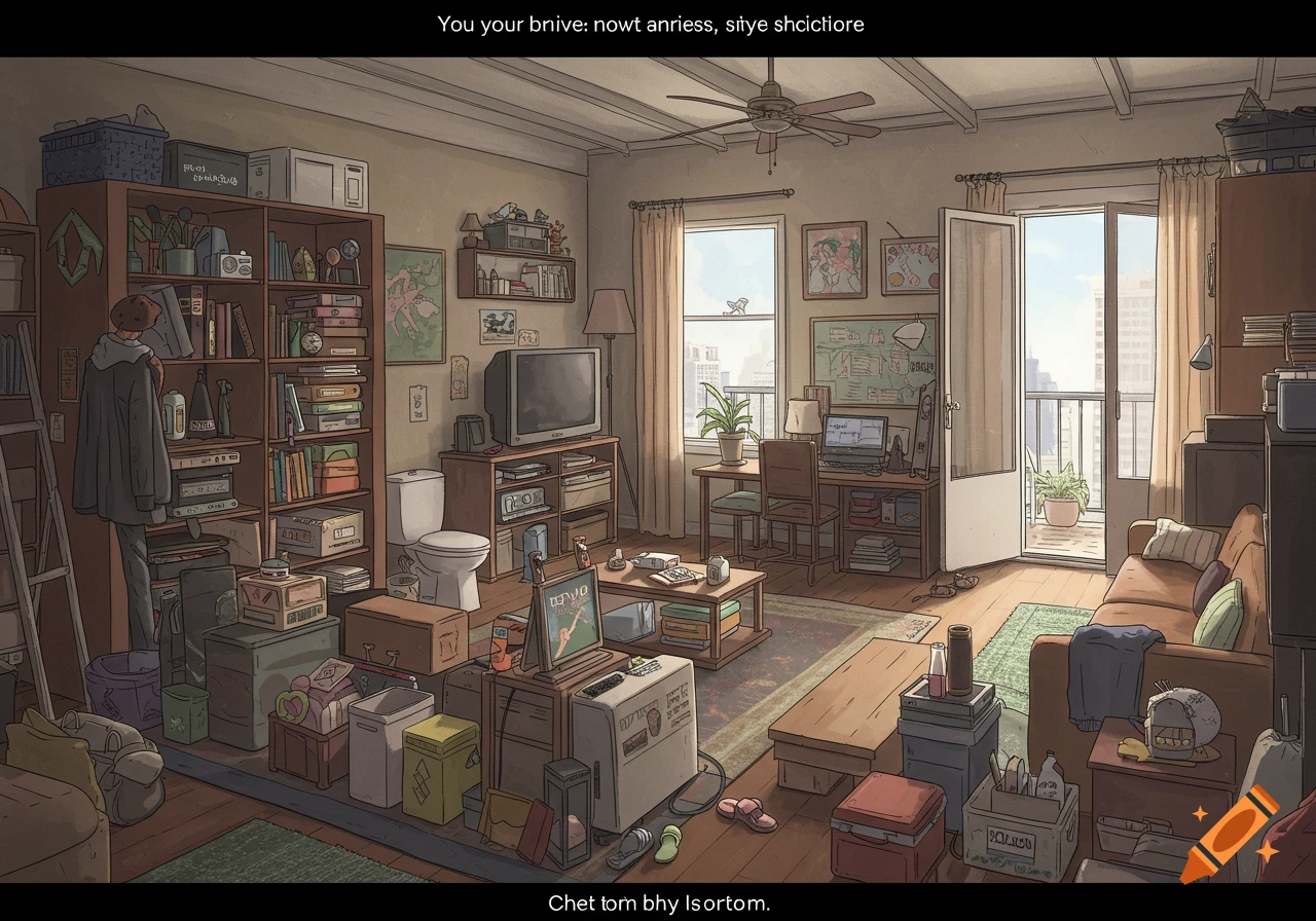 Detailed illustration of a very cluttered, lived-in apartment filled with numerous household items.
