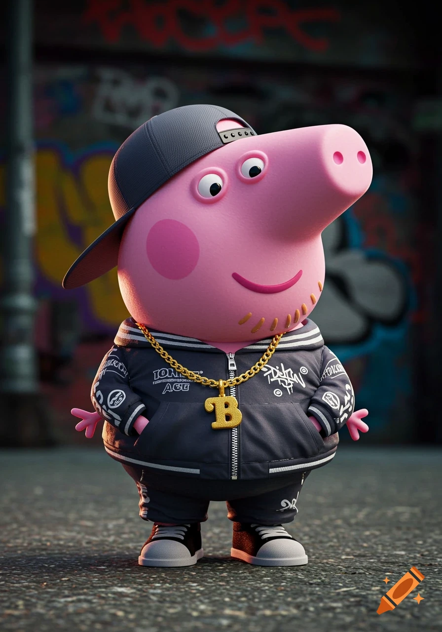 A 3D render of Peppa Pig dressed in a black hip-hop tracksuit, a black baseball cap worn backward, and a large gold chain with a B pendant, standing on an asphalt ground with graffiti-covered walls in the background.