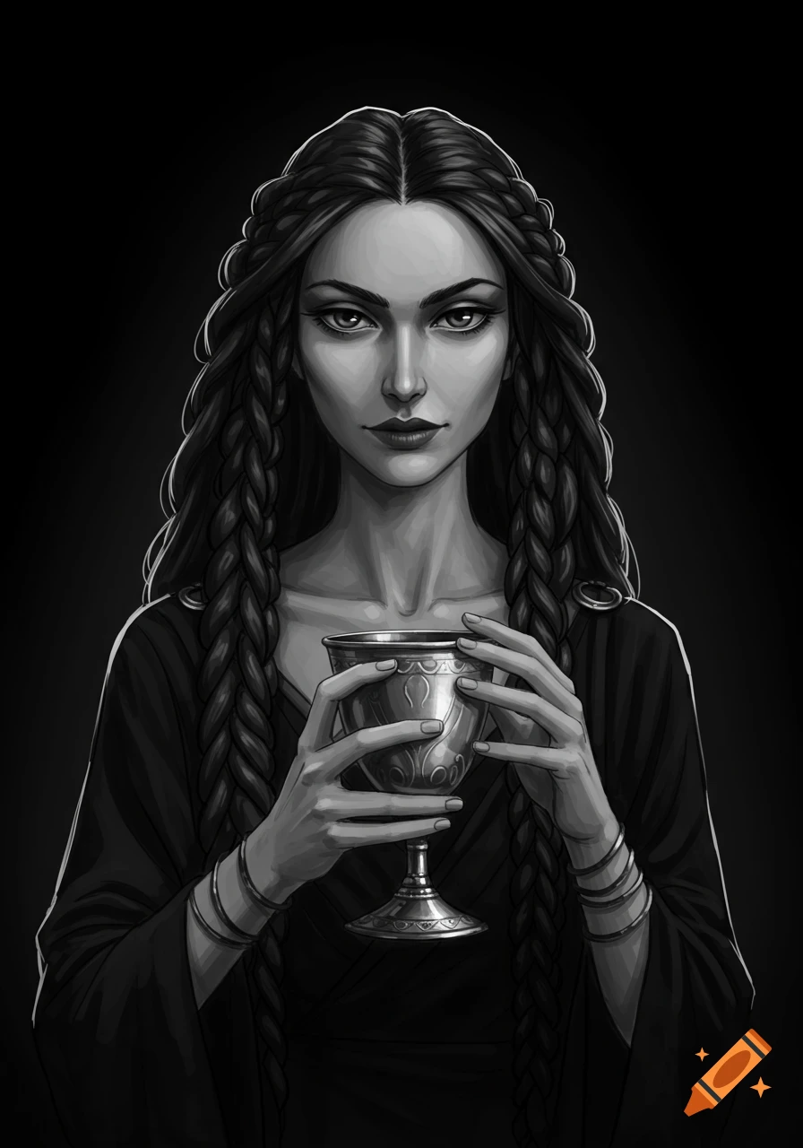 A grayscale illustration of a sorceress with long braided hair holding a chalice.