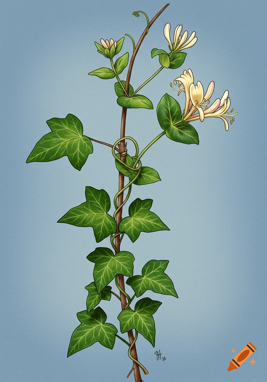 A botanical illustration of green ivy leaves and light yellow honeysuckle flowers wrapped around a brown stem on a light blue background.