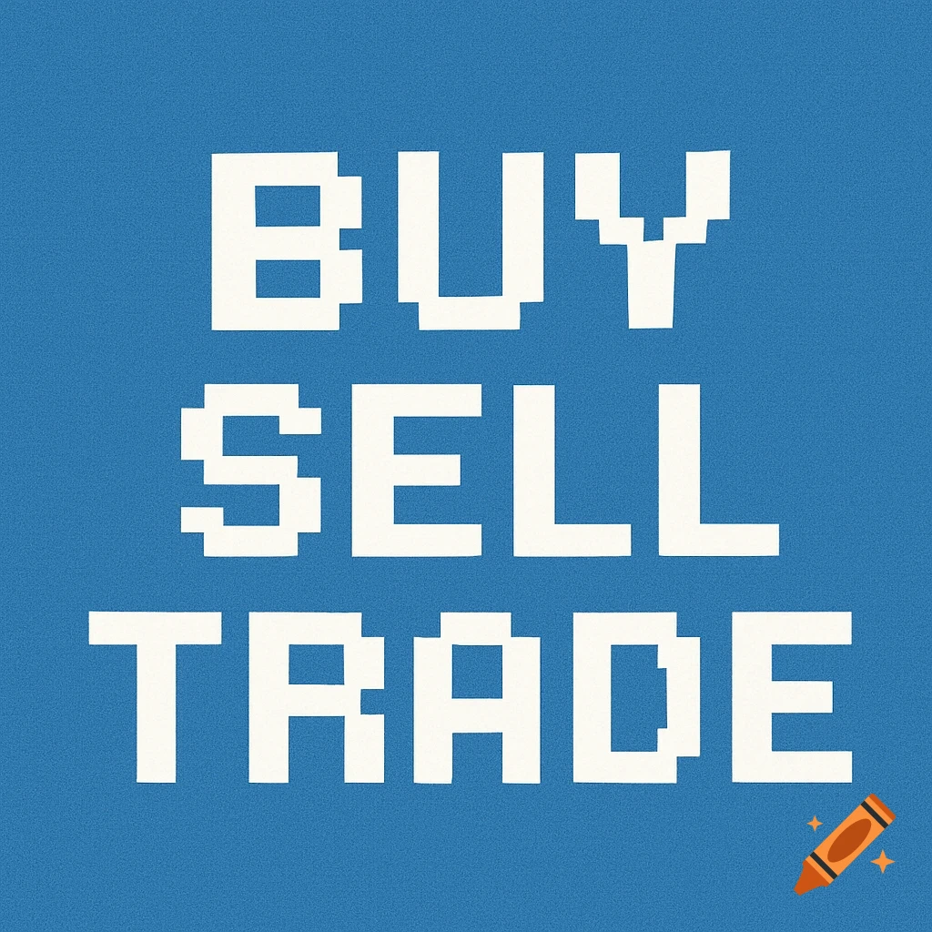 A blue background with the words BUY, SELL, and TRADE stacked vertically in a white pixelated font.