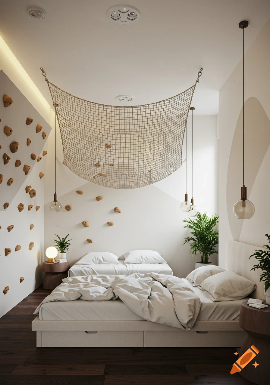 A modern bedroom featuring a rock climbing wall, two beds, an overhead net, and green plants, in a photorealistic style.