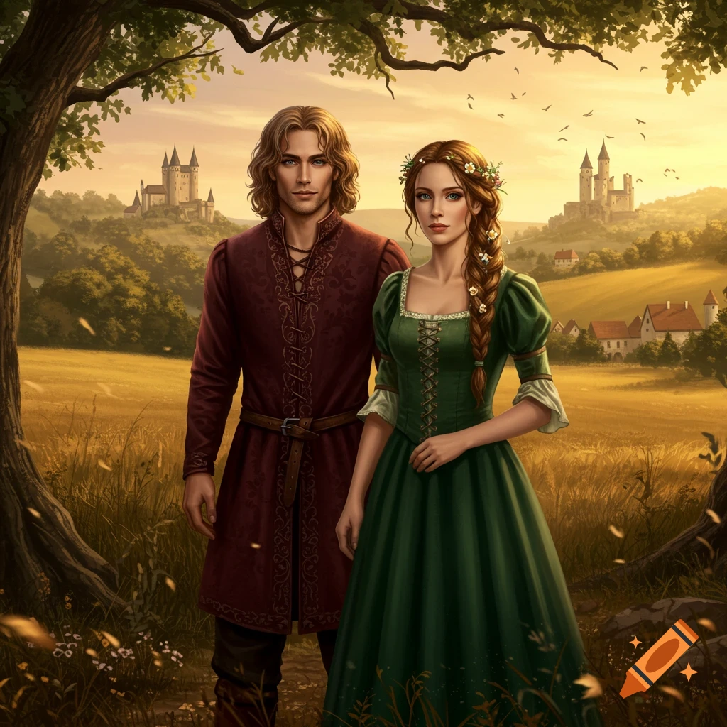 A man and woman in medieval clothing stand in a golden field at sunset, with castles on hills in the background. Digital painting style.