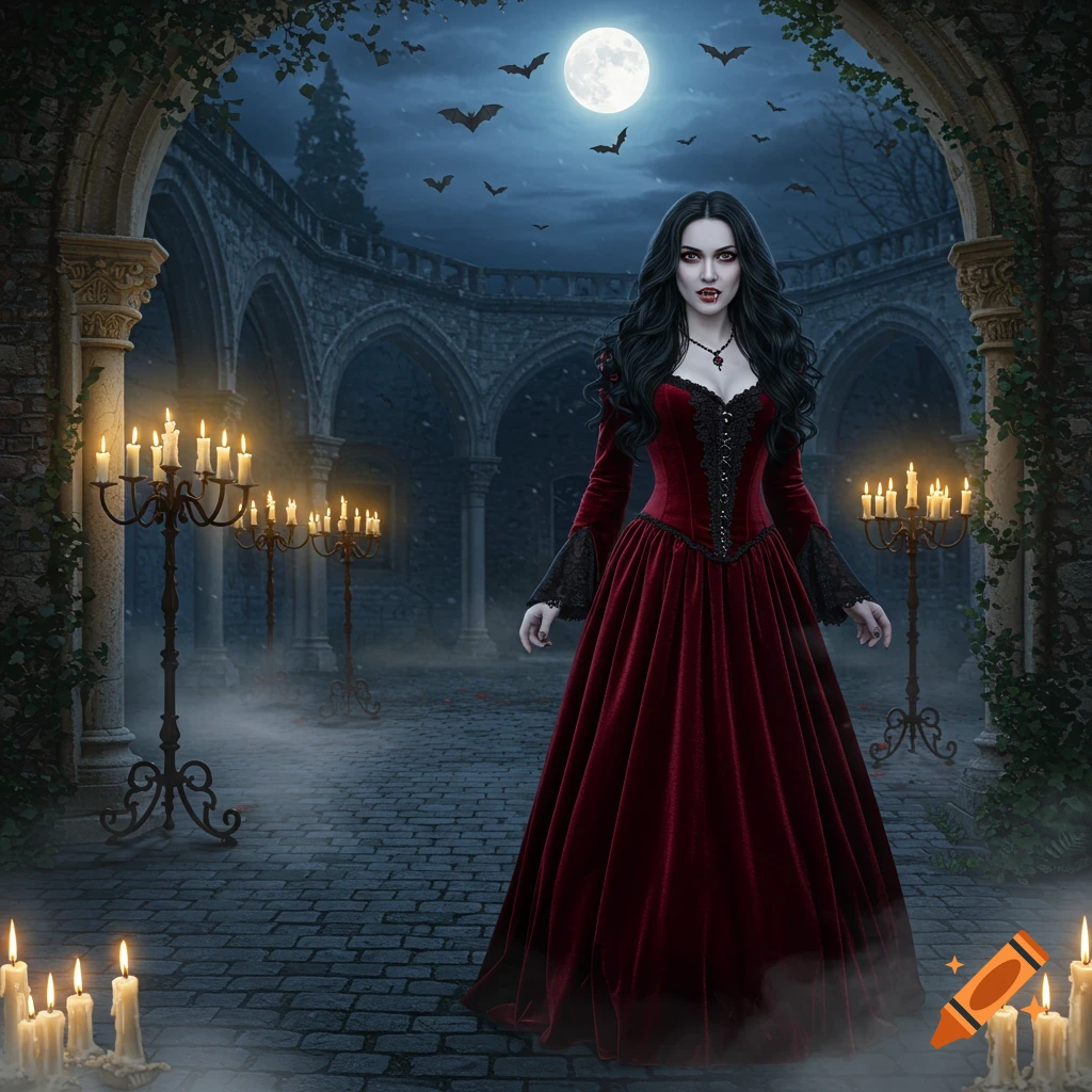 A dark-haired vampire woman in a red gown stands in a gothic courtyard at night, with a full moon, bats, and candelabras.
