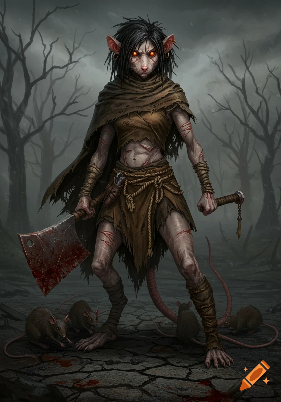 A dark fantasy portrait of a female rat beastkin barbarian, covered in scars, holding a bloody cleaver in a desolate landscape with rats.