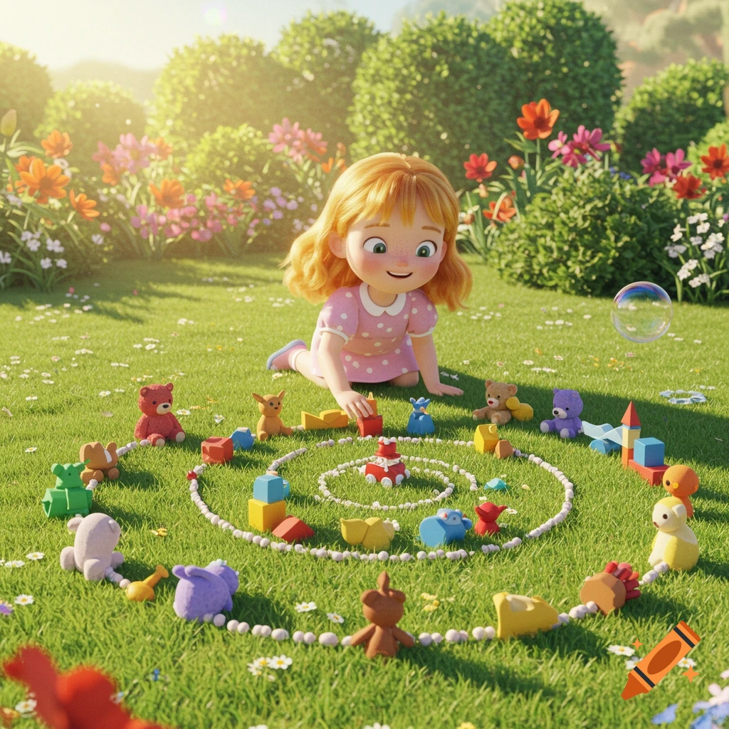 A cute cartoon girl plays in a sunny garden, arranging colorful toys in white circles on the grass.