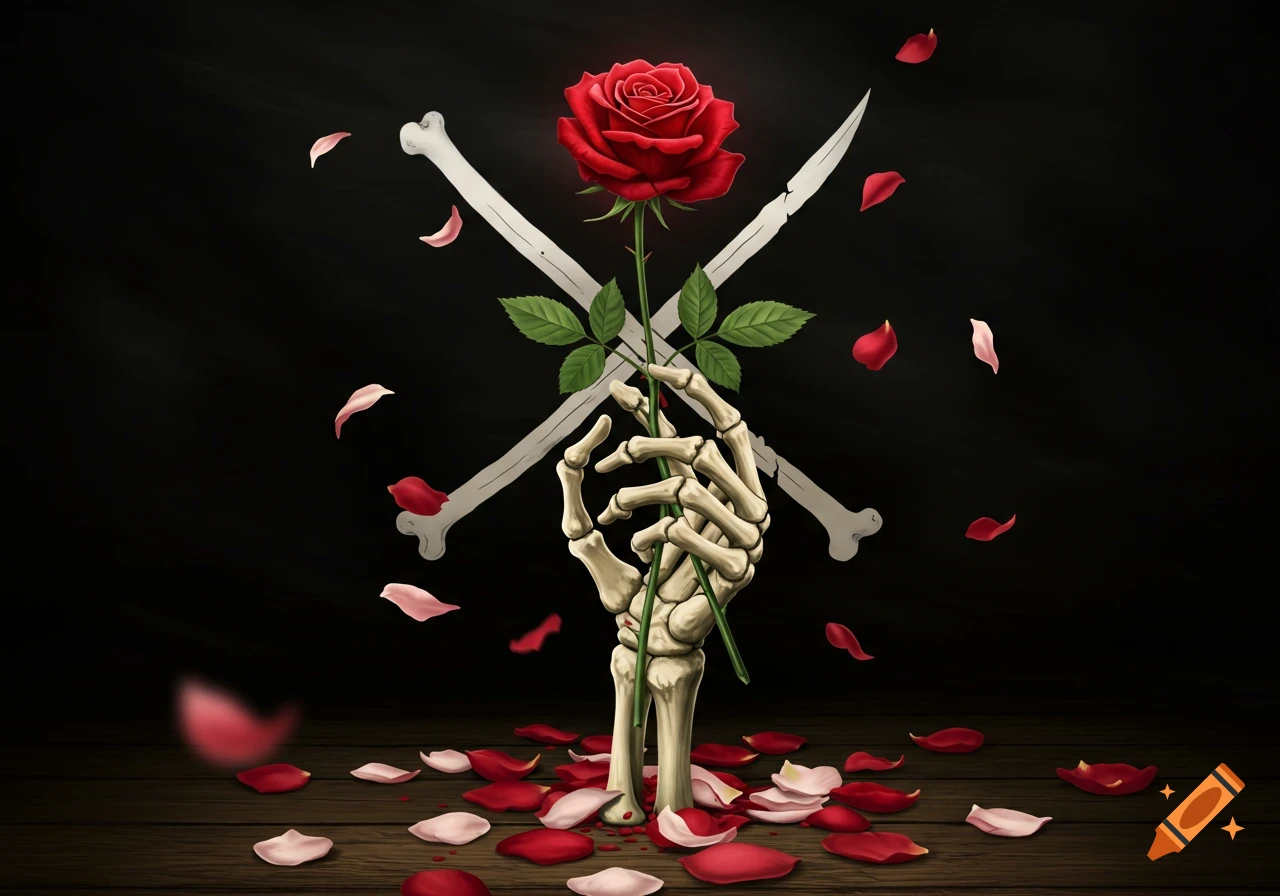 A skeletal hand holds a vibrant red rose, set against crossed bones on a dark background with scattered rose petals.