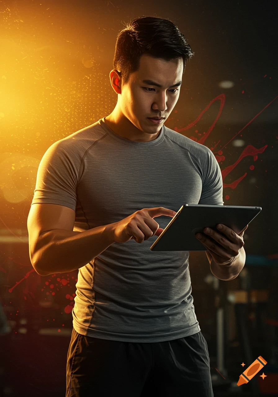 Photorealistic image of an Asian man in athletic wear looking at a tablet, illuminated by a bright orange glow.