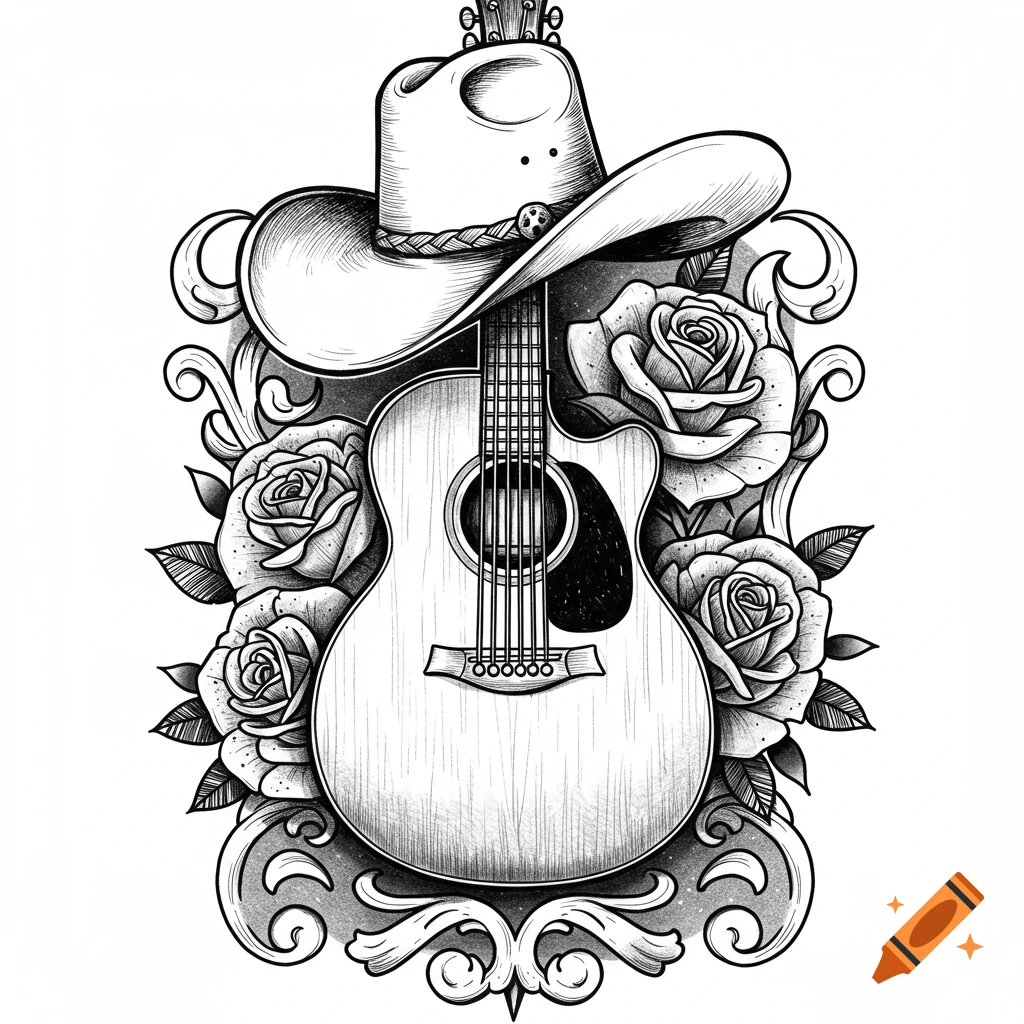 Black and white tattoo art of an acoustic guitar with a cowboy hat resting on it, surrounded by roses and decorative swirls.