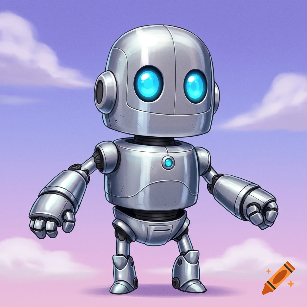A cute, cartoon illustration of a silver metallic robot with glowing blue eyes standing against a purple and blue sky with clouds.