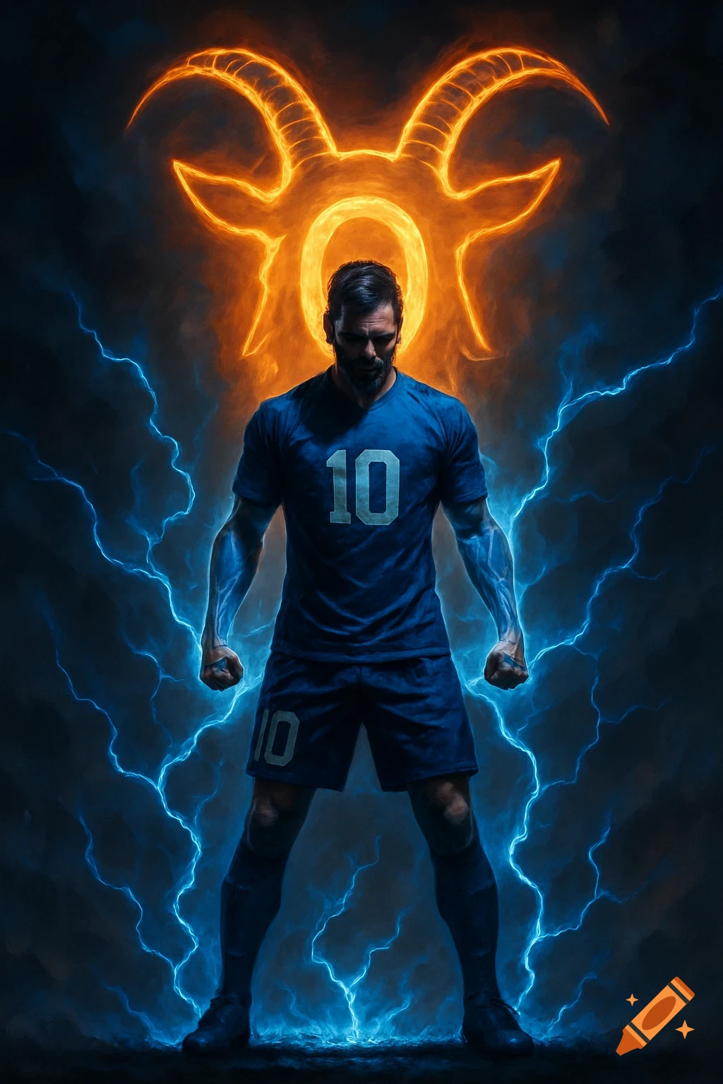 Epic digital painting of a footballer in a blue jersey with number 10, surrounded by blue lightning, with a glowing GOAT symbol.