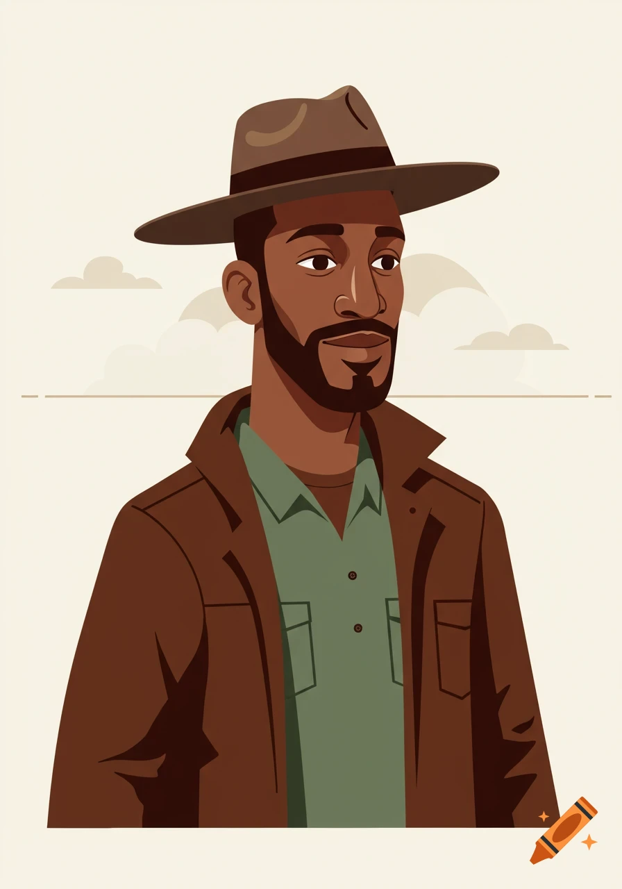 A stylized illustration of a man with a beard and a brown fedora, wearing a brown jacket and a green collared shirt.