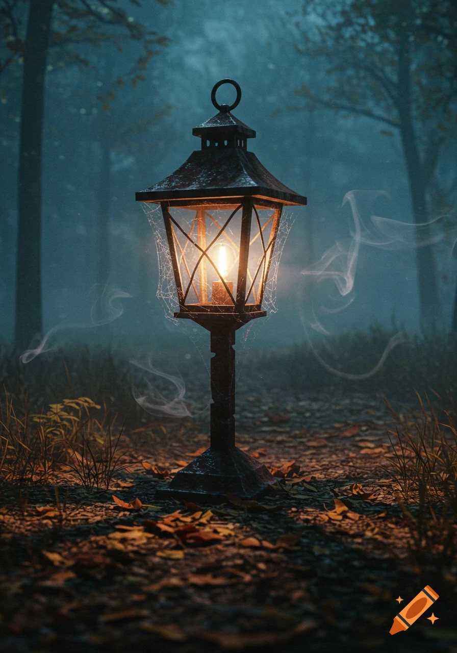 A glowing lantern covered in spiderwebs stands on a forest floor littered with autumn leaves, surrounded by mist and dark trees.