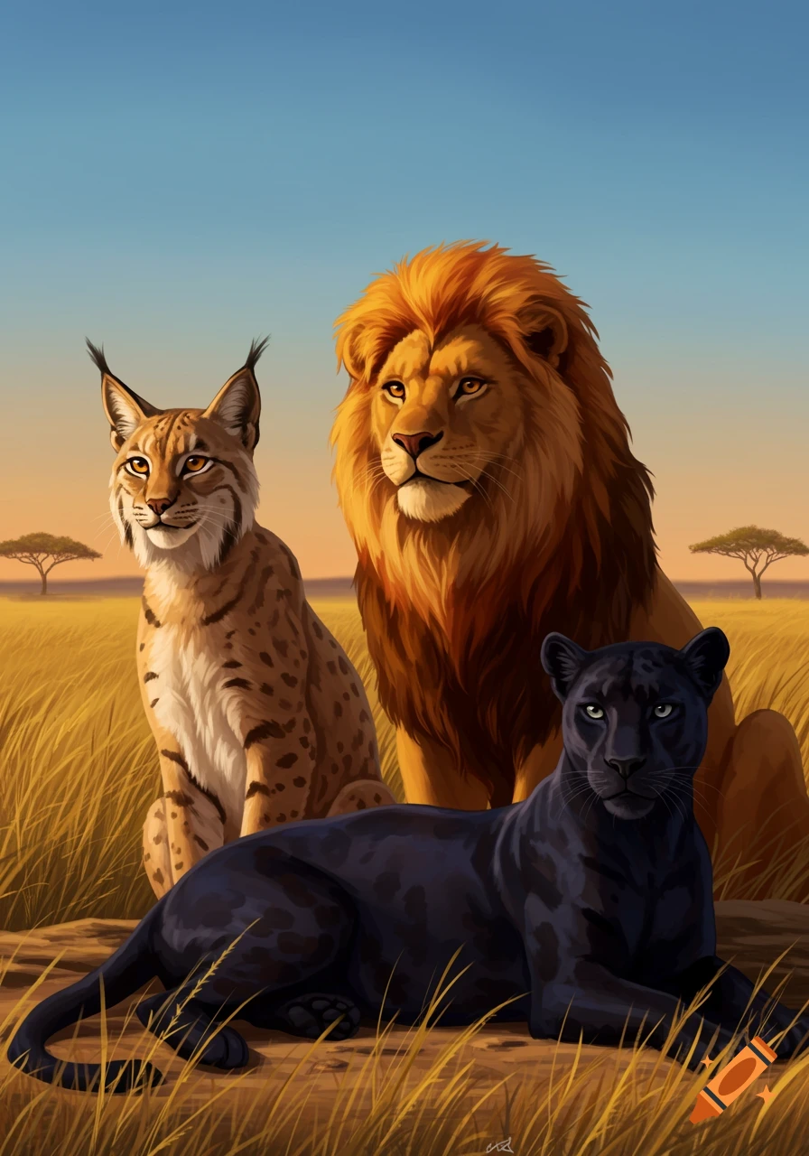 A lynx, a lion, and a black panther sit and lay in a grassy savanna at sunset.