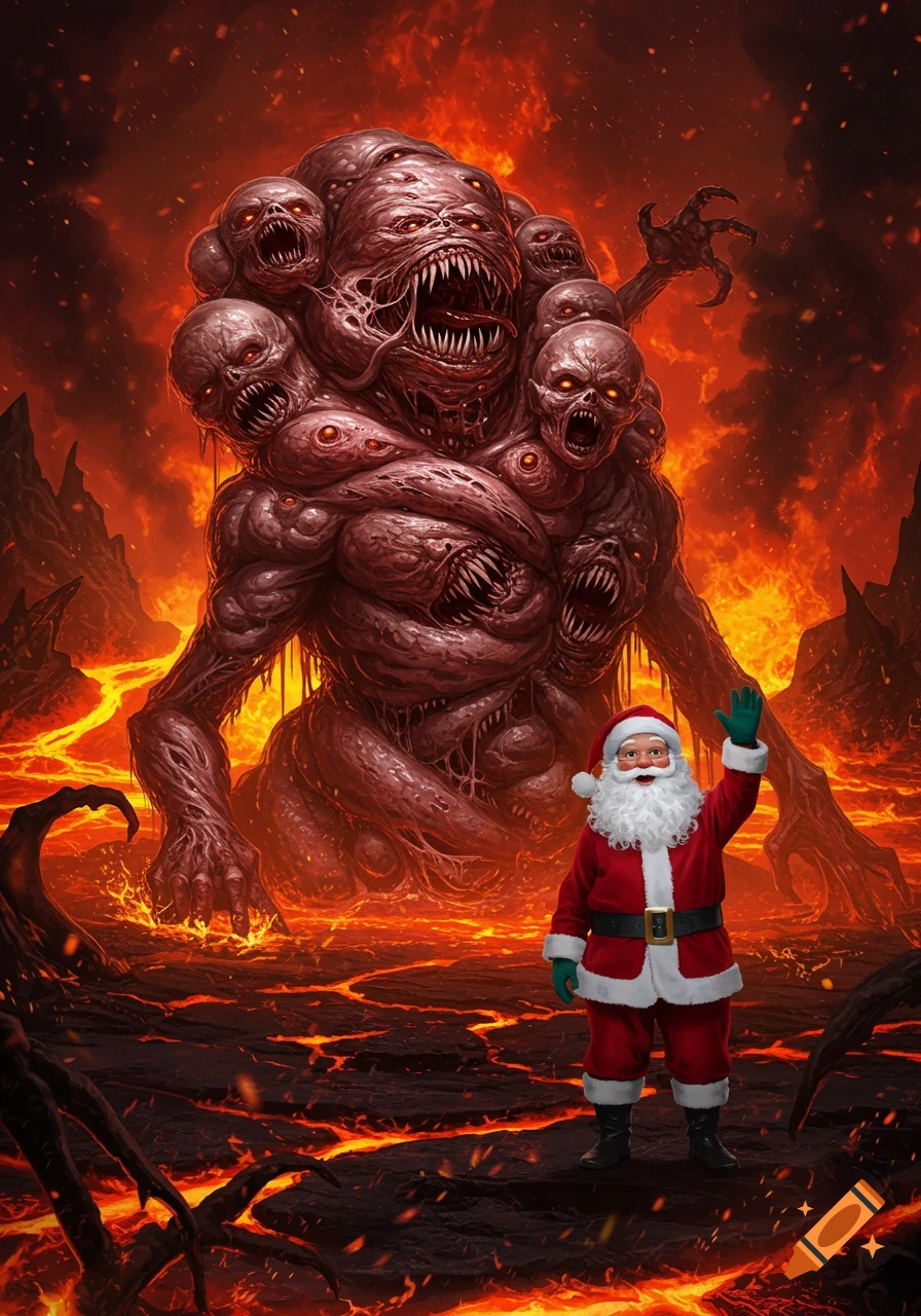 Santa Claus waving in a hellish landscape with a grotesque, multi-headed monster in the background.