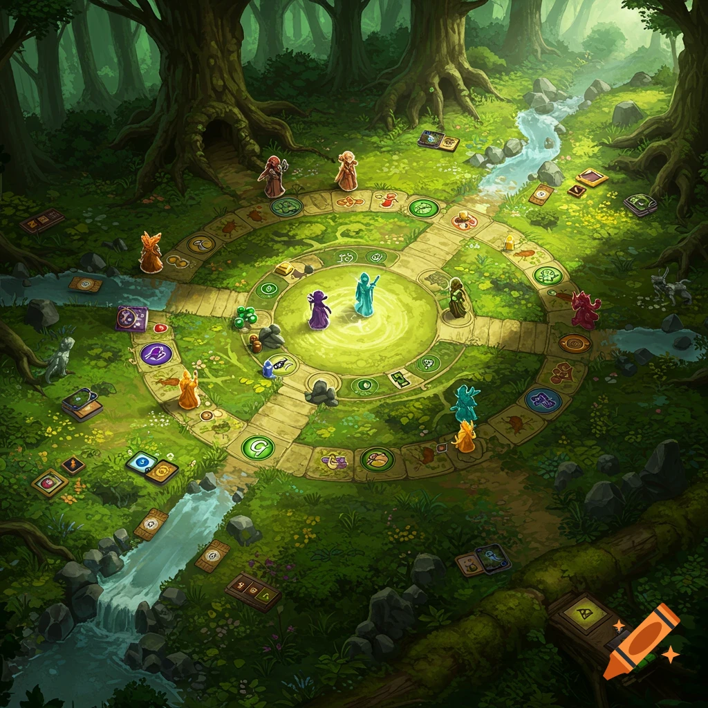An overhead view of a fantasy board game board set in a magical forest, featuring a circular path with various game pieces and character figurines.