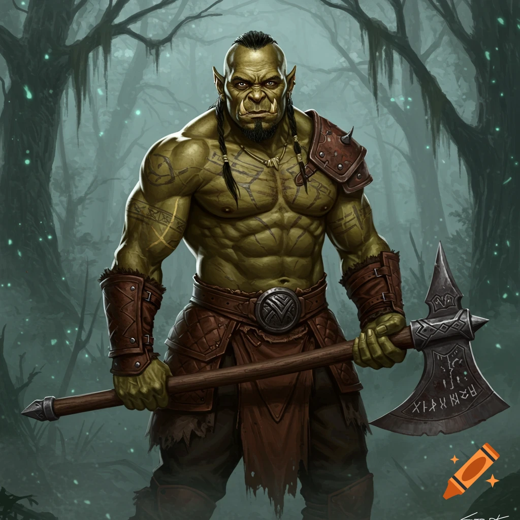 A muscular green orc with braids and tattoos, holding a large axe in a dark, misty forest. Fantasy art.