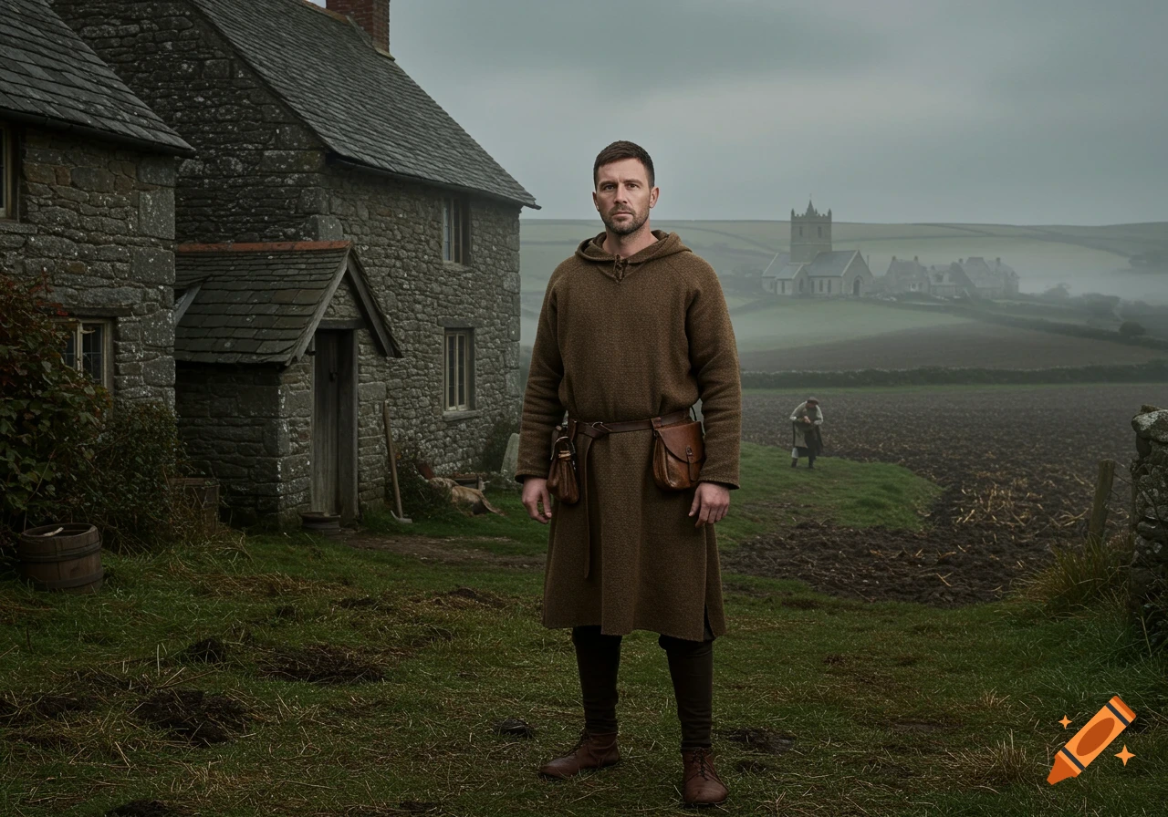 A photorealistic image of a man in medieval clothing standing in a rural village with a stone cottage, plowed fields, and a church in misty hills.
