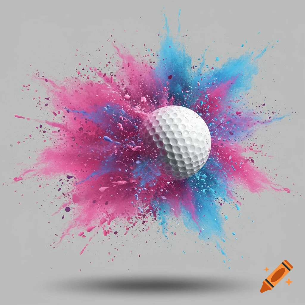A golf ball explodes with vibrant pink and blue powder against a gray background.