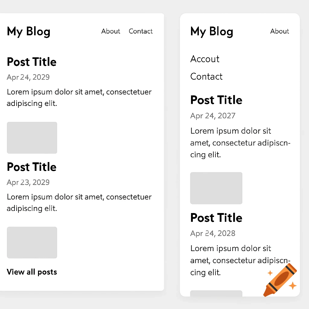 Two clean white user interface designs for a blog, one for desktop and one for mobile, showing post titles and lorem ipsum text.