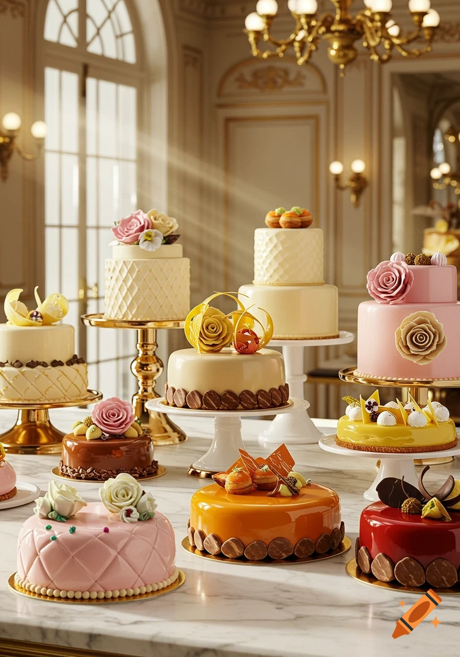 A table filled with various ornate cakes on stands in an elegant, sunlit room, photorealistic.