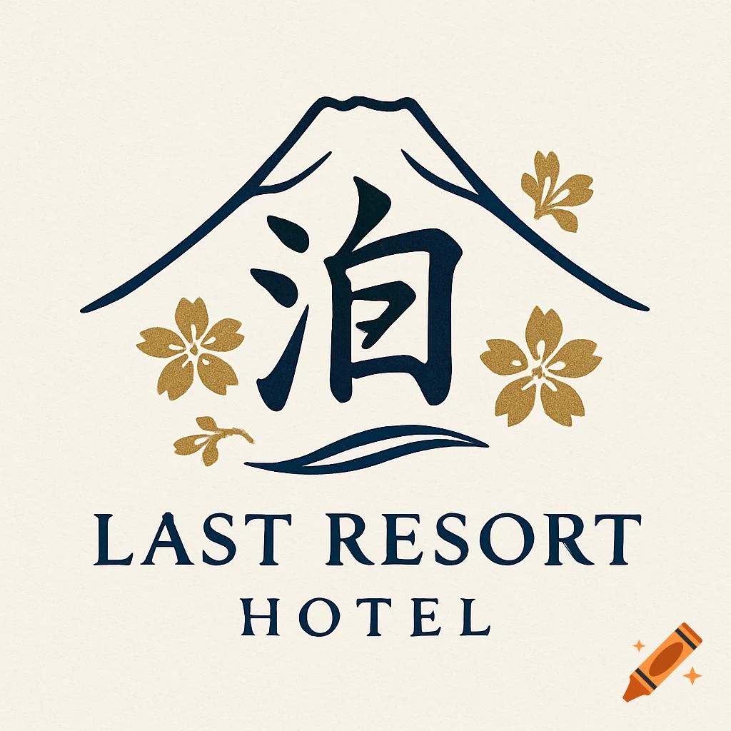 Japanese-style logo featuring a silhouette of Mount Fuji, golden cherry blossoms, dark blue Japanese characters, and the text 'LAST RESORT HOTEL' on a cream background.