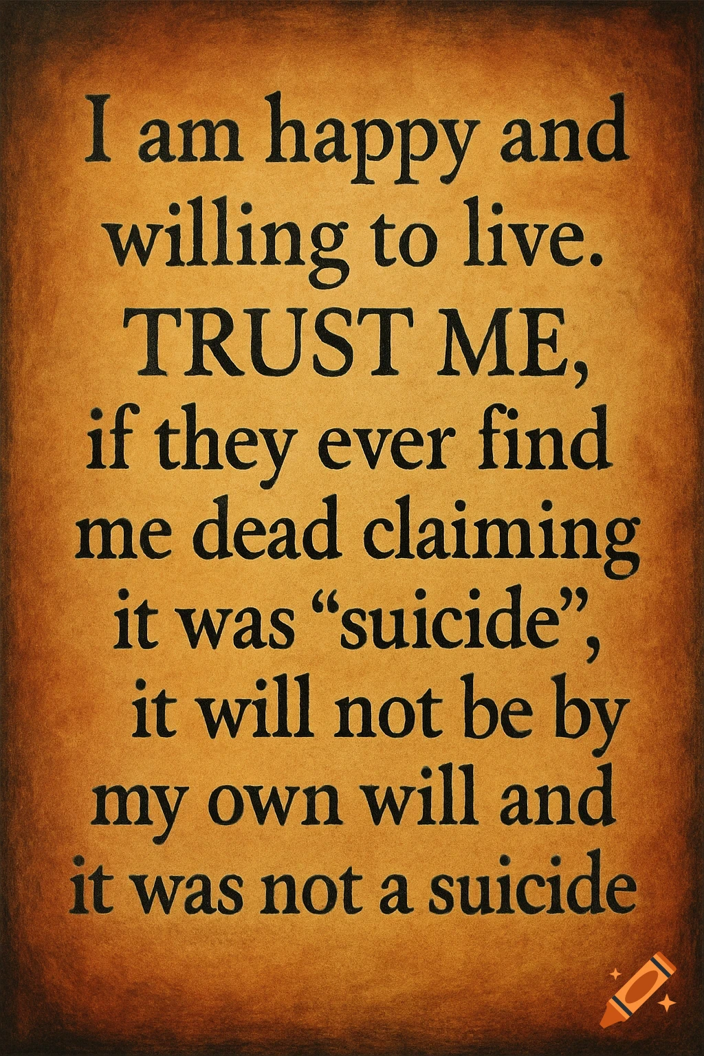 A vintage-style poster with a quote about resisting the label of suicide if found dead.