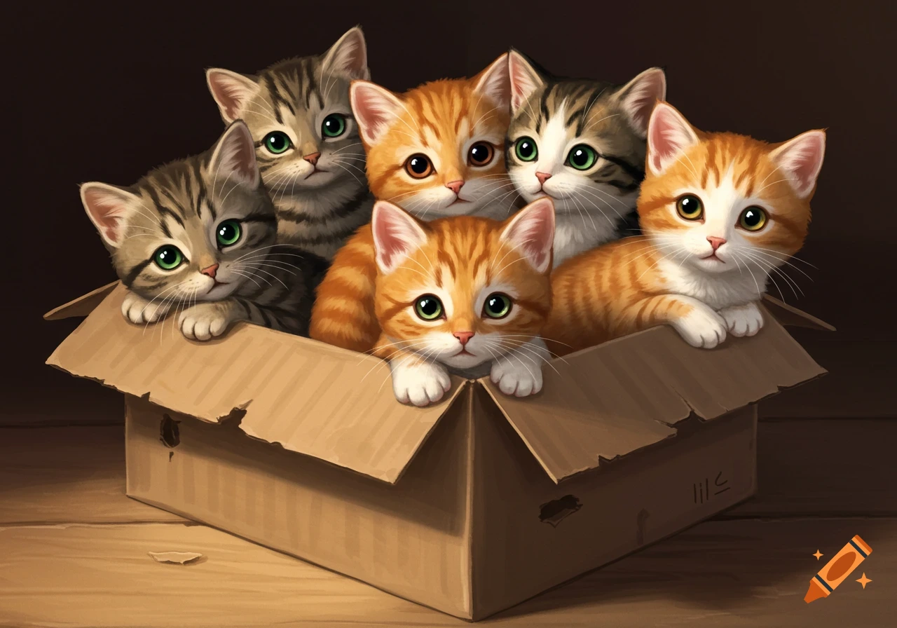 Six cute kittens with big eyes look out from a cardboard box.