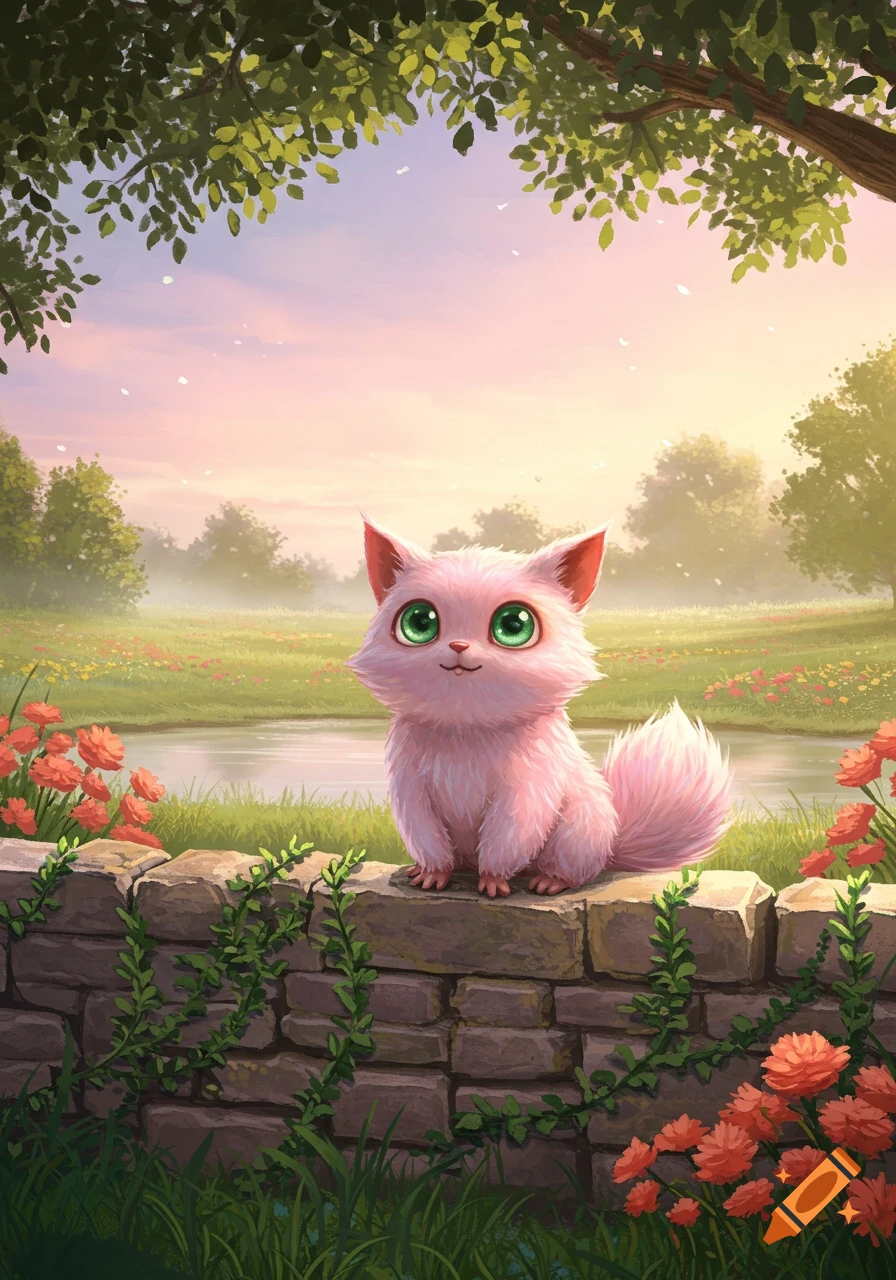 A cute pink fluffy creature with large green eyes sits on a stone wall in a vibrant, illustrated landscape with a pond and flowers.