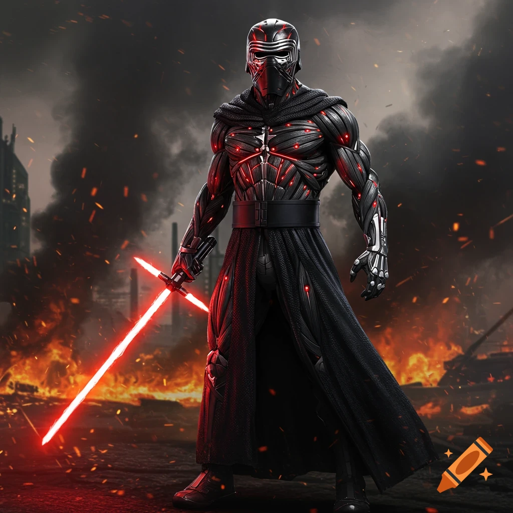 Armored futuristic warrior with glowing red accents, resembling Kylo Ren and a nanosuit, holds a red crossguard lightsaber amidst a fiery battle scene.