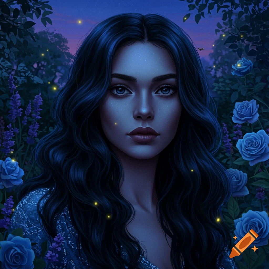 A fantasy portrait of a woman with long dark hair and blue eyes, surrounded by blue roses, lavender, and fireflies at twilight.