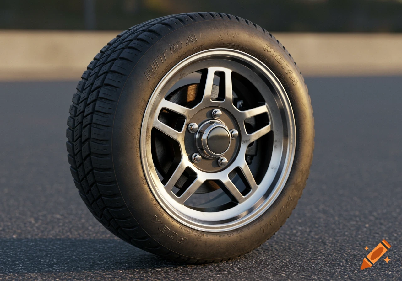 A close-up, photorealistic image of a single car tire and wheel with a chrome rim, resting on asphalt.