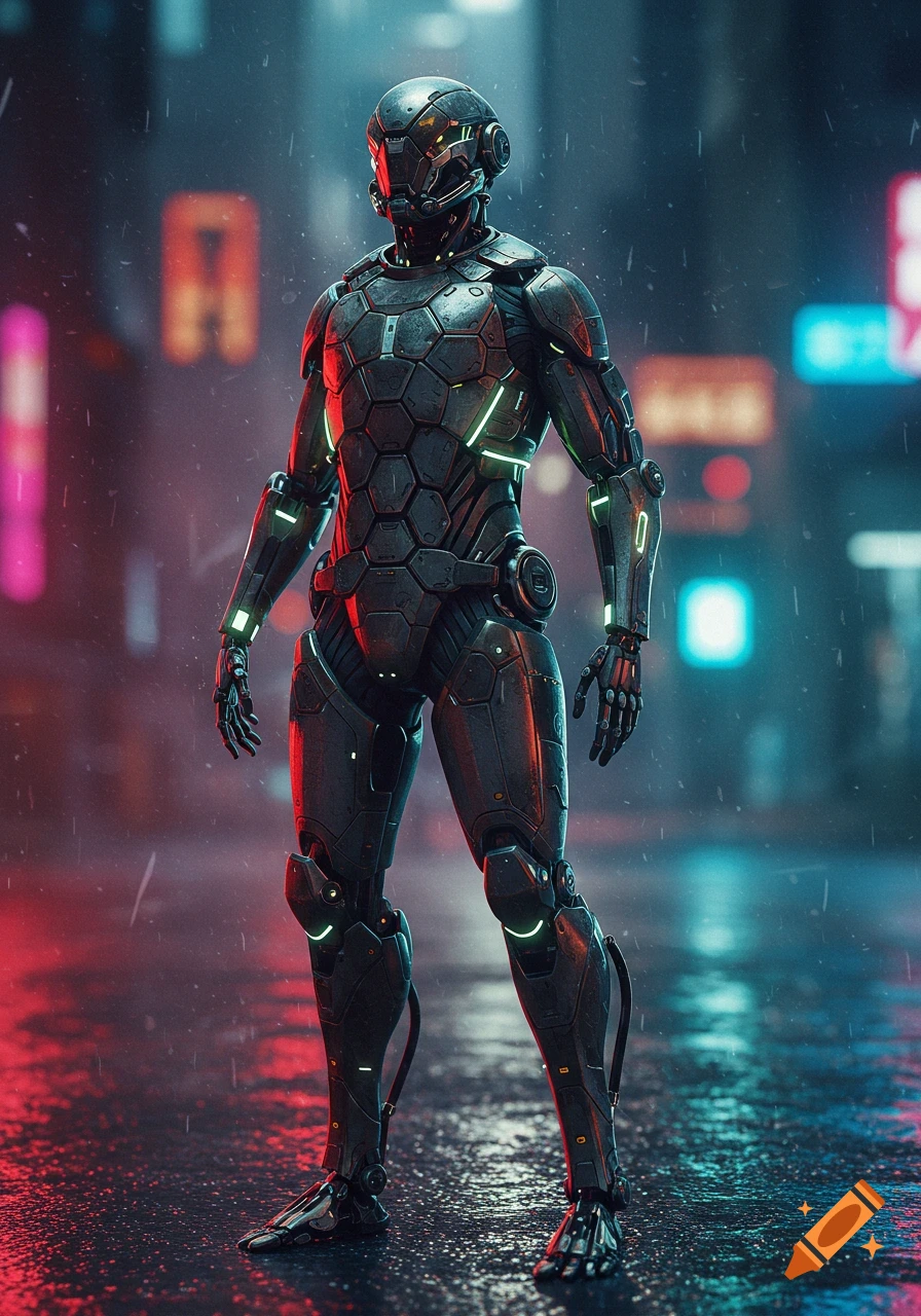 A photorealistic image of a dark grey armored robot with glowing accents standing in a rainy cyberpunk city street at night.