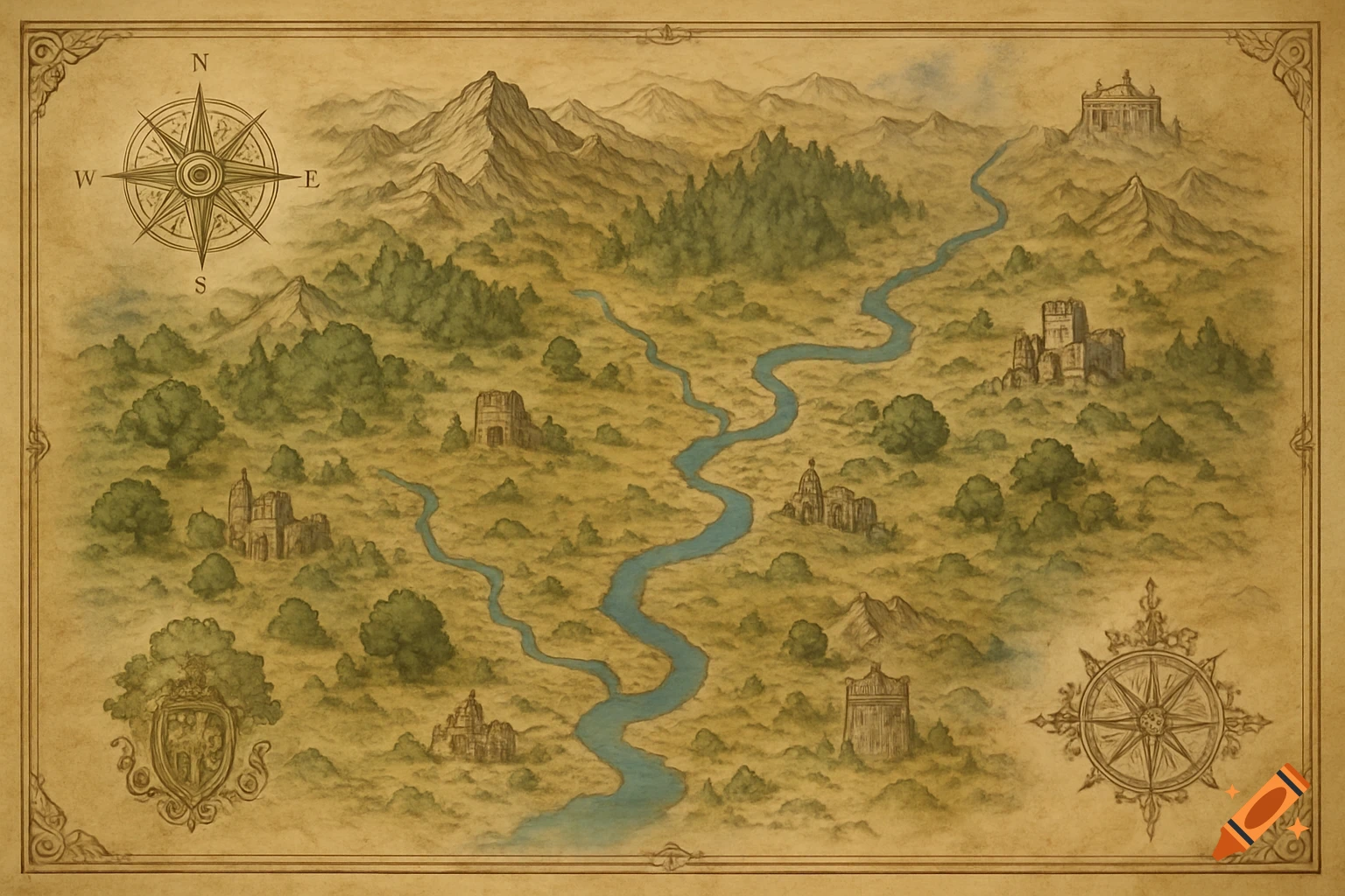 A vintage-style fantasy map with mountains, forests, a winding river, castles, and compass roses on aged parchment.