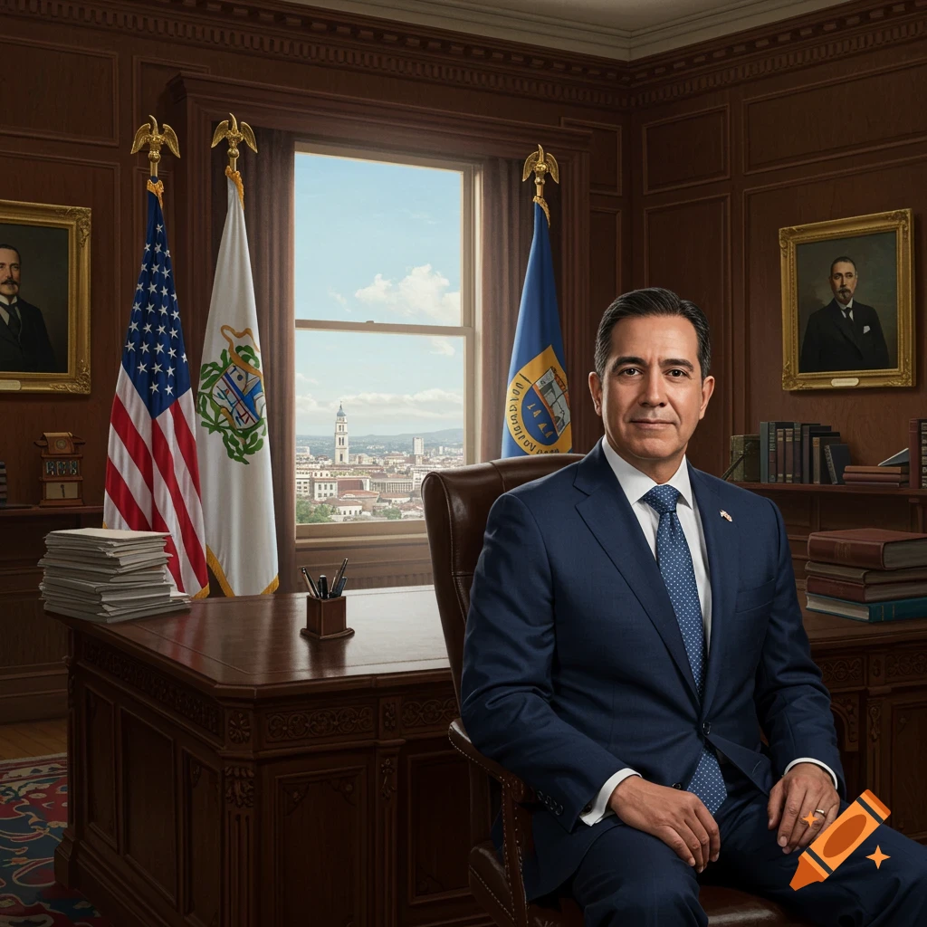 Photorealistic portrait of a man in a navy suit sitting at a large wooden desk in a formal office, with flags and a city skyline visible through the window.