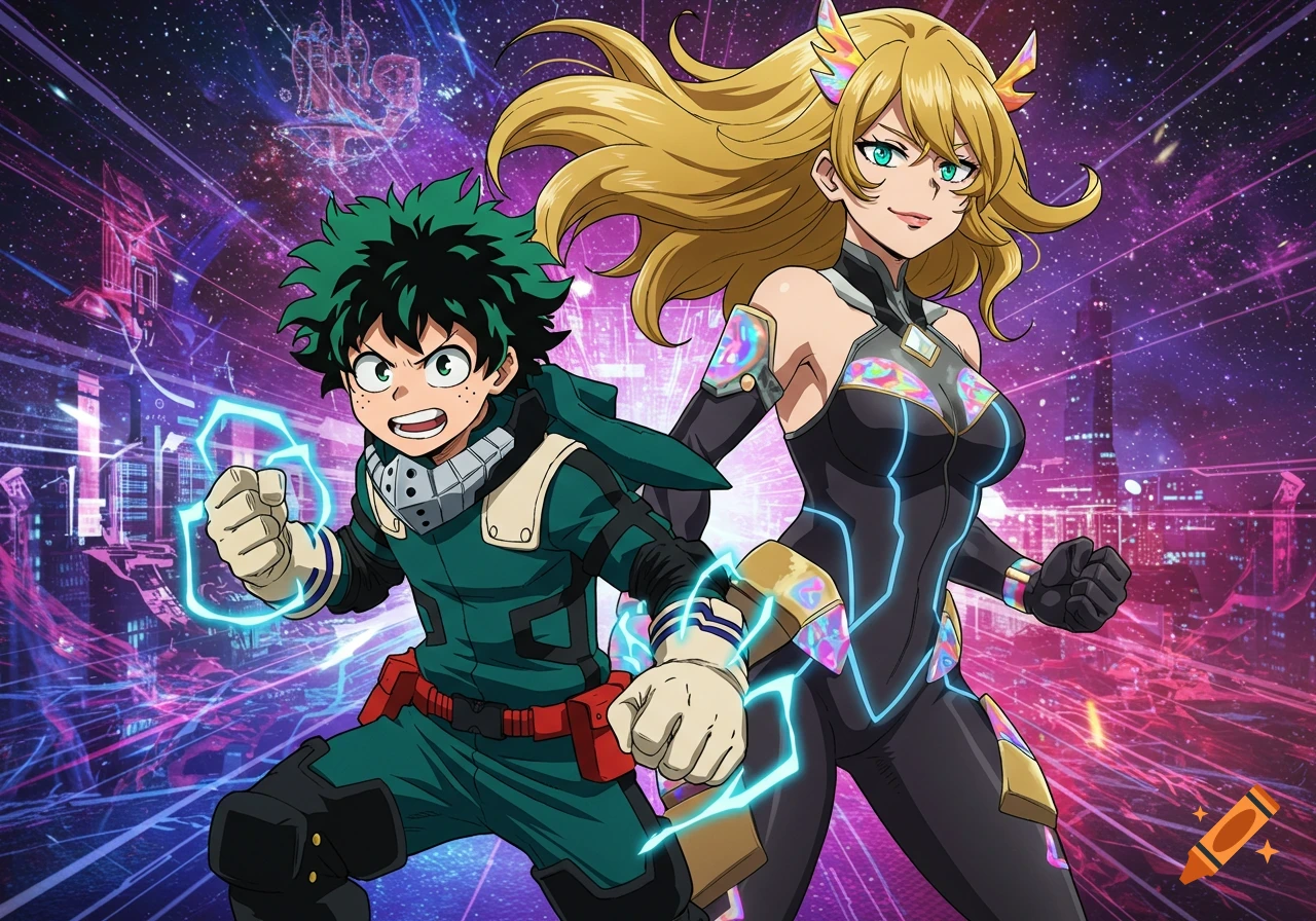 Anime style image of Izuku Midoriya and Rebecca Bluegarden standing heroically against a futuristic, neon-lit city and space background. Midoriya glows with blue lightning.