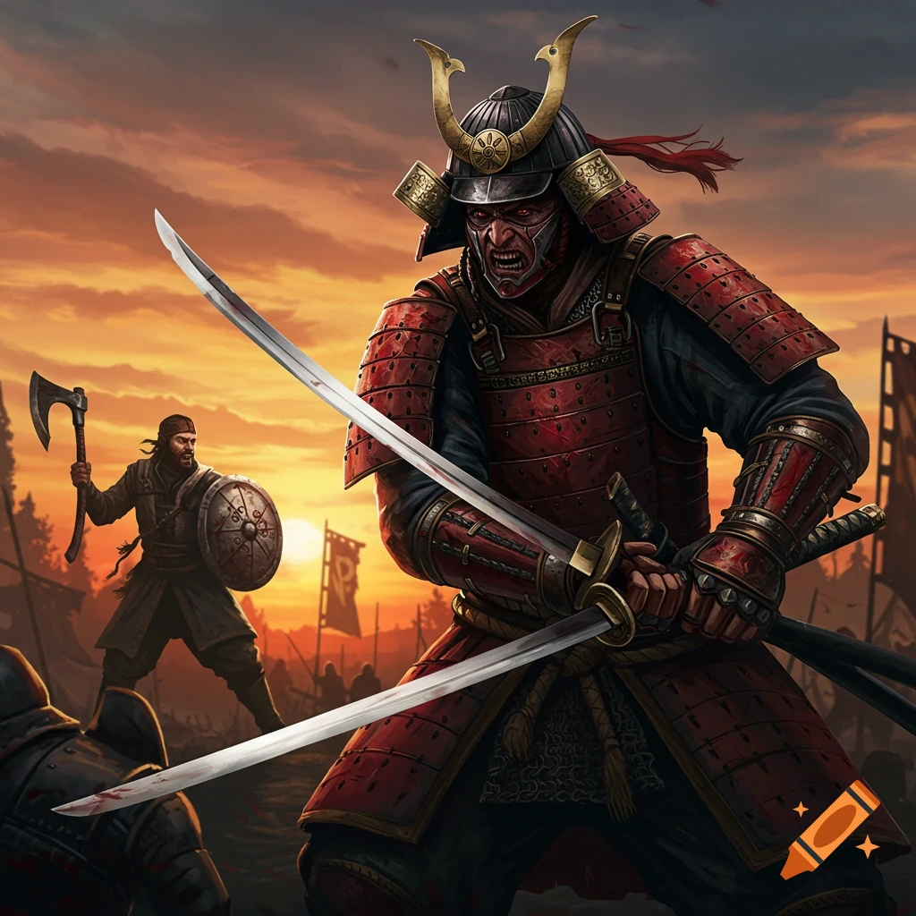 A samurai warrior in red armor wielding two swords stands ready for battle at sunset, with an axe-wielding warrior in the background.