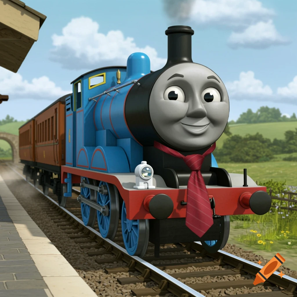 Edward the blue train from Thomas the Tank Engine wearing a red tie, smiling on train tracks at a station.