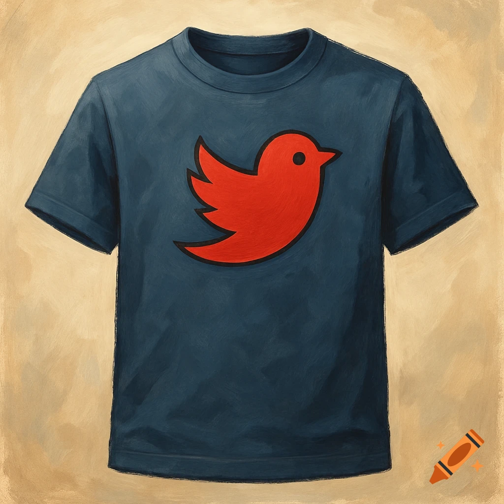 A dark blue T-shirt with a red bird logo on the front, painted in an ...