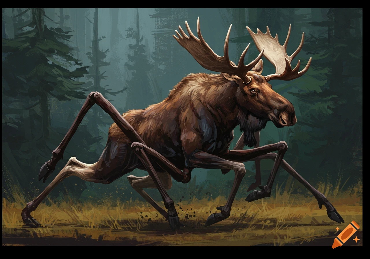 A large brown moose with antlers and multiple thin spider-like legs moves through a dark forest.