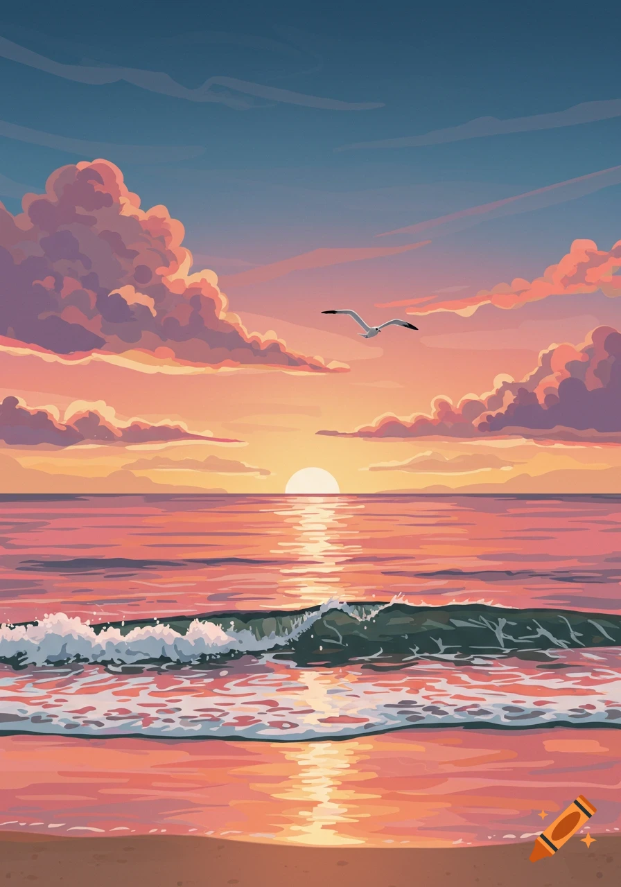 A vibrant sunset over the ocean with a seagull flying in the sky, calm waters reflecting the light, and a wave breaking near the sandy shore in a stylized illustration.