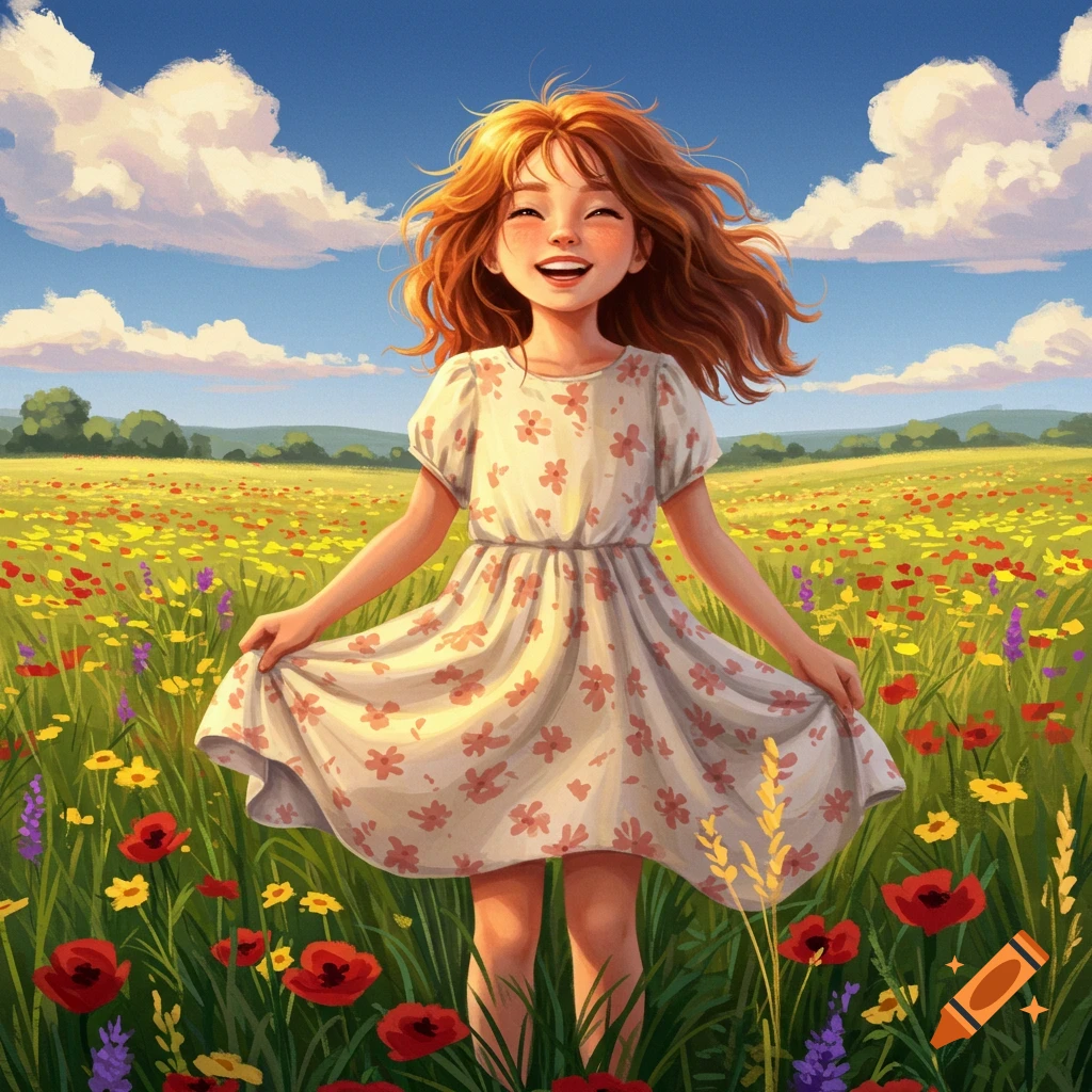 A smiling girl with long red hair stands in a vibrant field of colorful wildflowers under a blue sky, an illustration.