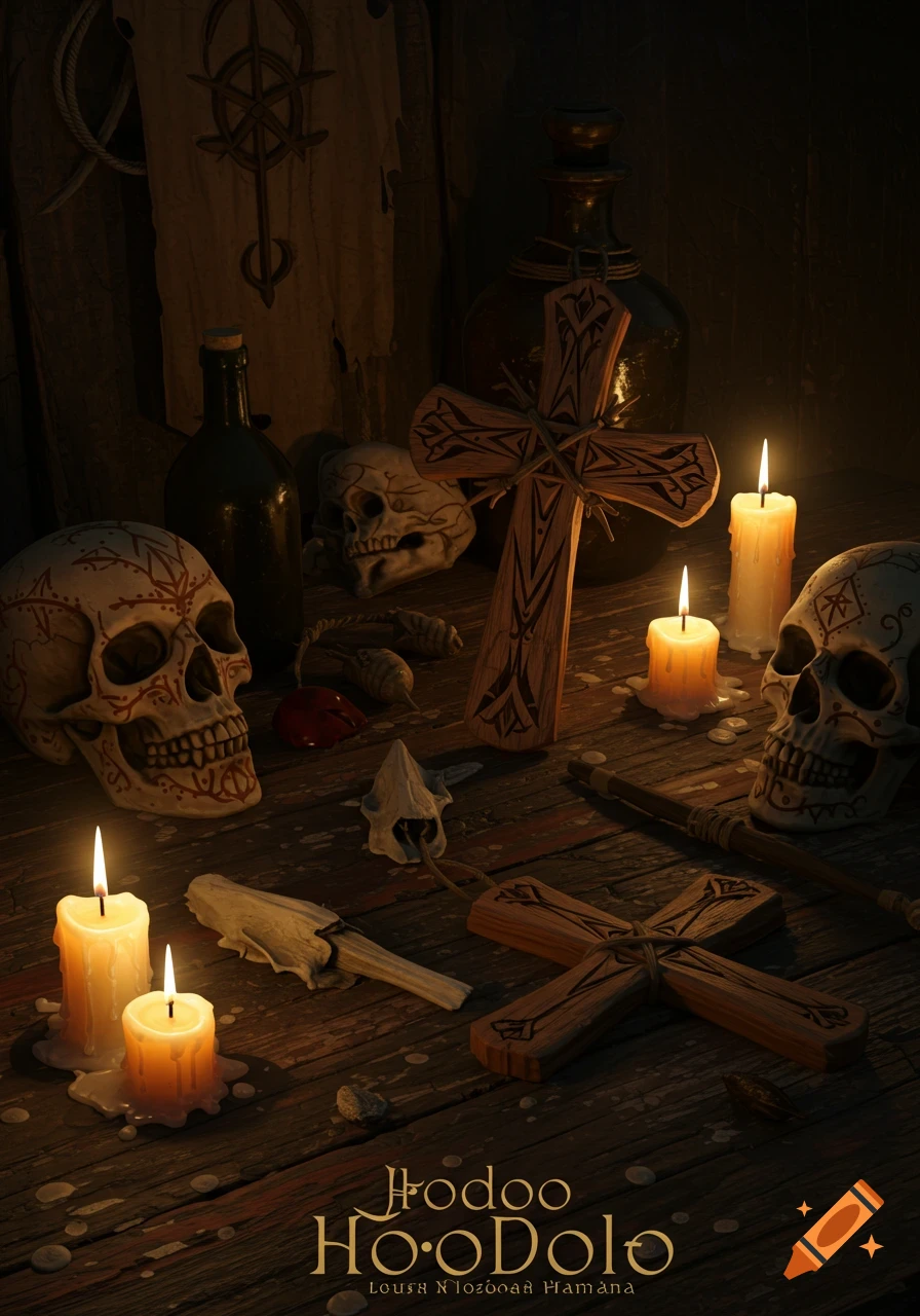 A dimly lit still life scene featuring decorated skulls, wooden crosses, and burning candles on a wooden table, with text 'Hoodoo HooDoLo' at the bottom.