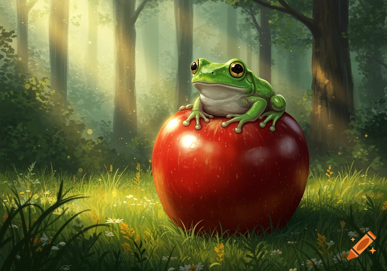 A vibrant green frog sits atop a large red apple in a sunlit forest clearing.