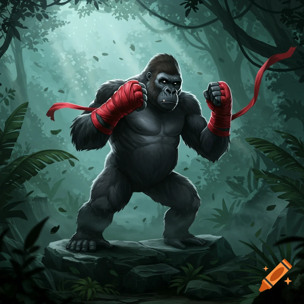 An illustrated gorilla wearing red boxing wraps stands in a fighting pose on rocks in a misty jungle.